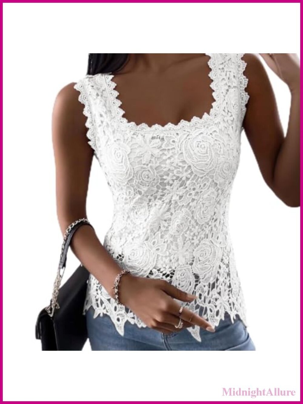 Women's Lace Square Neck Tank Top Sleeveless Crochet Floral Blouse